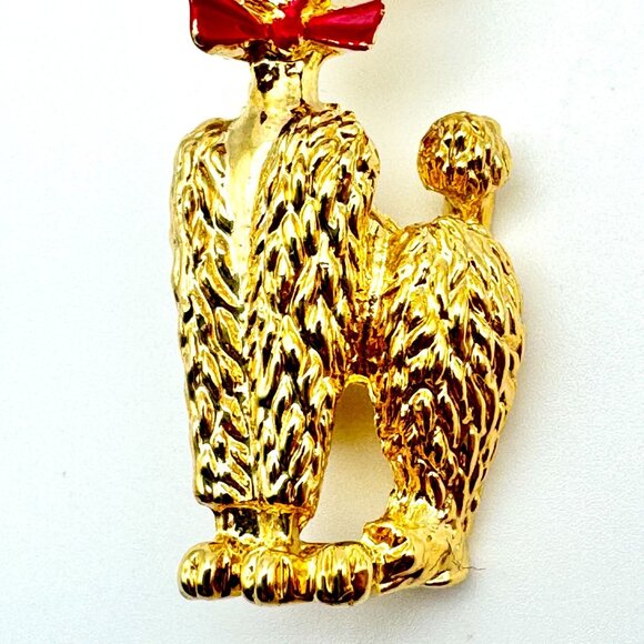 Vintage Gold-Tone Poodle Brooch Pin With Red Bow Tie 2 Inches - Picture 3 of 6